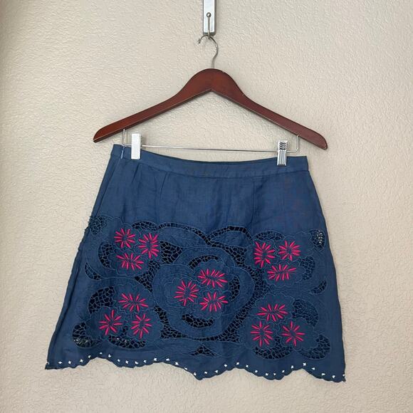 Anthropologie Embroidered Low Rise Mini Skirt 12 Blue Pink Floral Eyelet - Picture 4 of 6